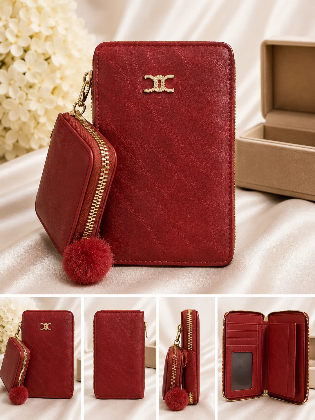 Elegant Red Zip-Around Wallet with Mini Pouch