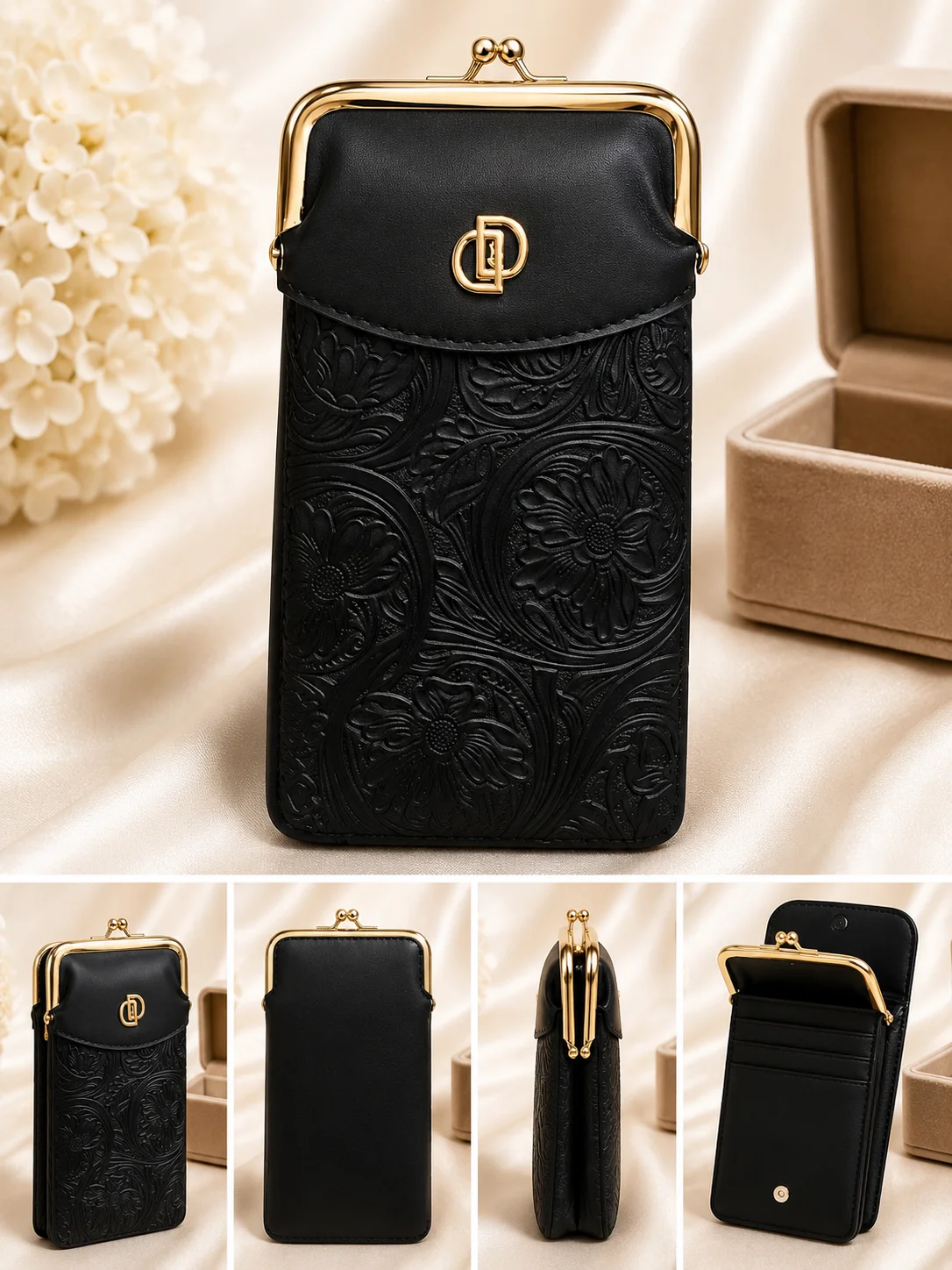 Elegant Red Embossed Floral Mobile Pouch