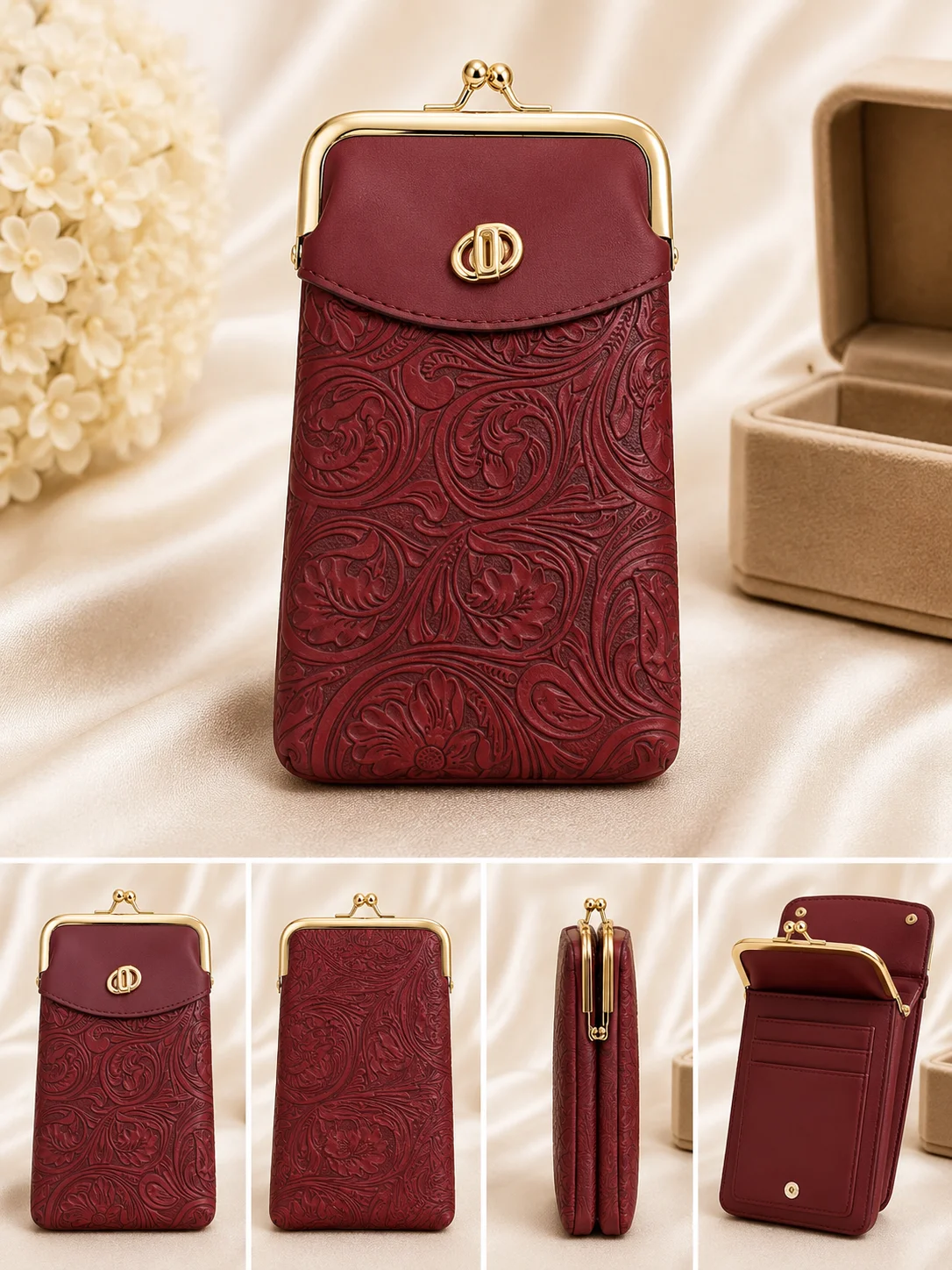 Elegant Red Embossed Floral Mobile Pouch