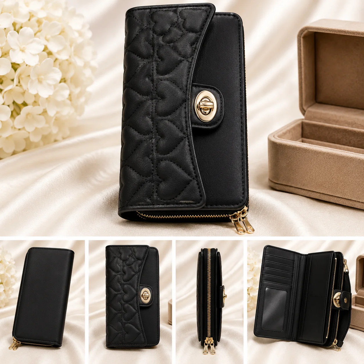 Elegant Black Heart Quilted Zip-Around Walle