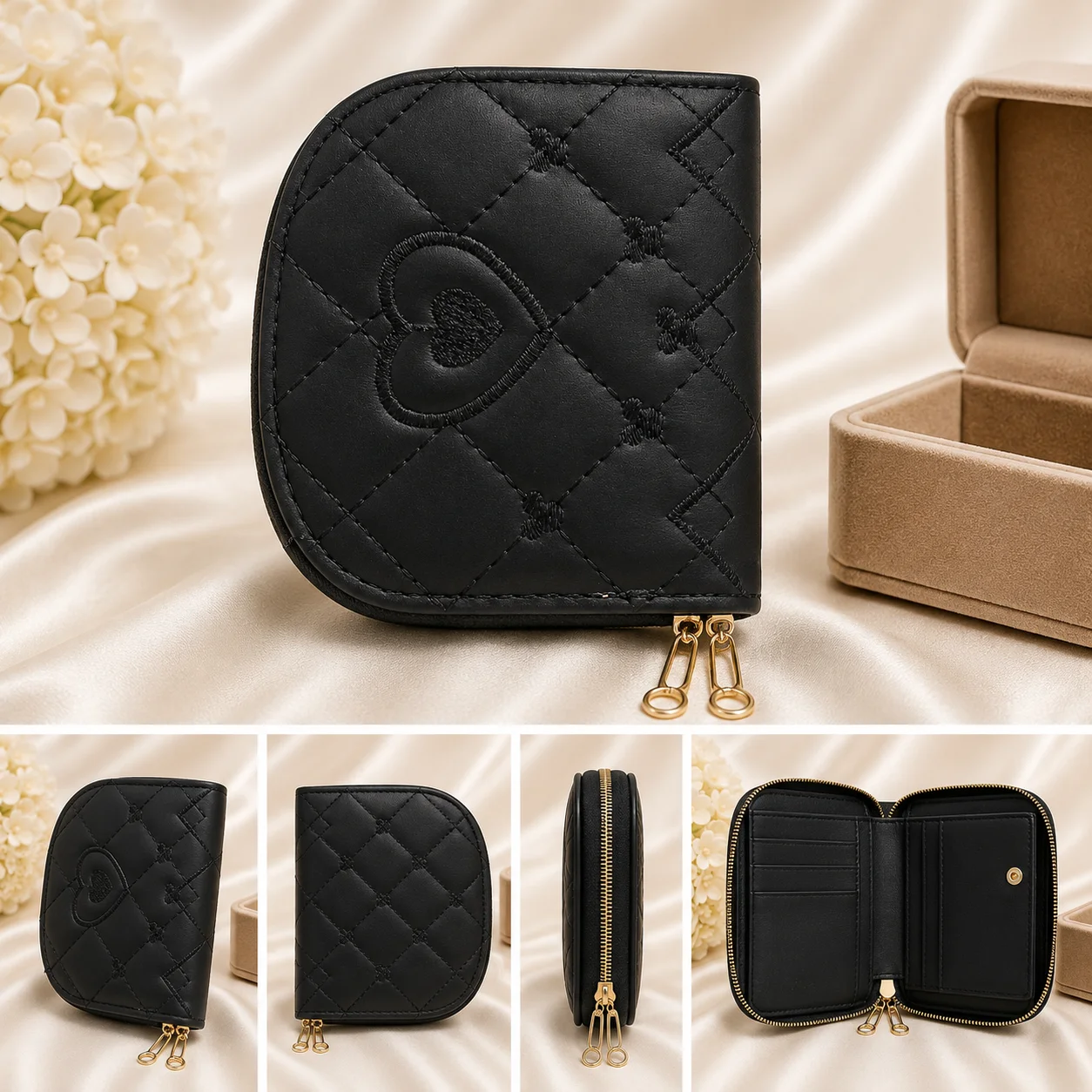 Elegant Black Quilted Heart Zip-Around Wallet