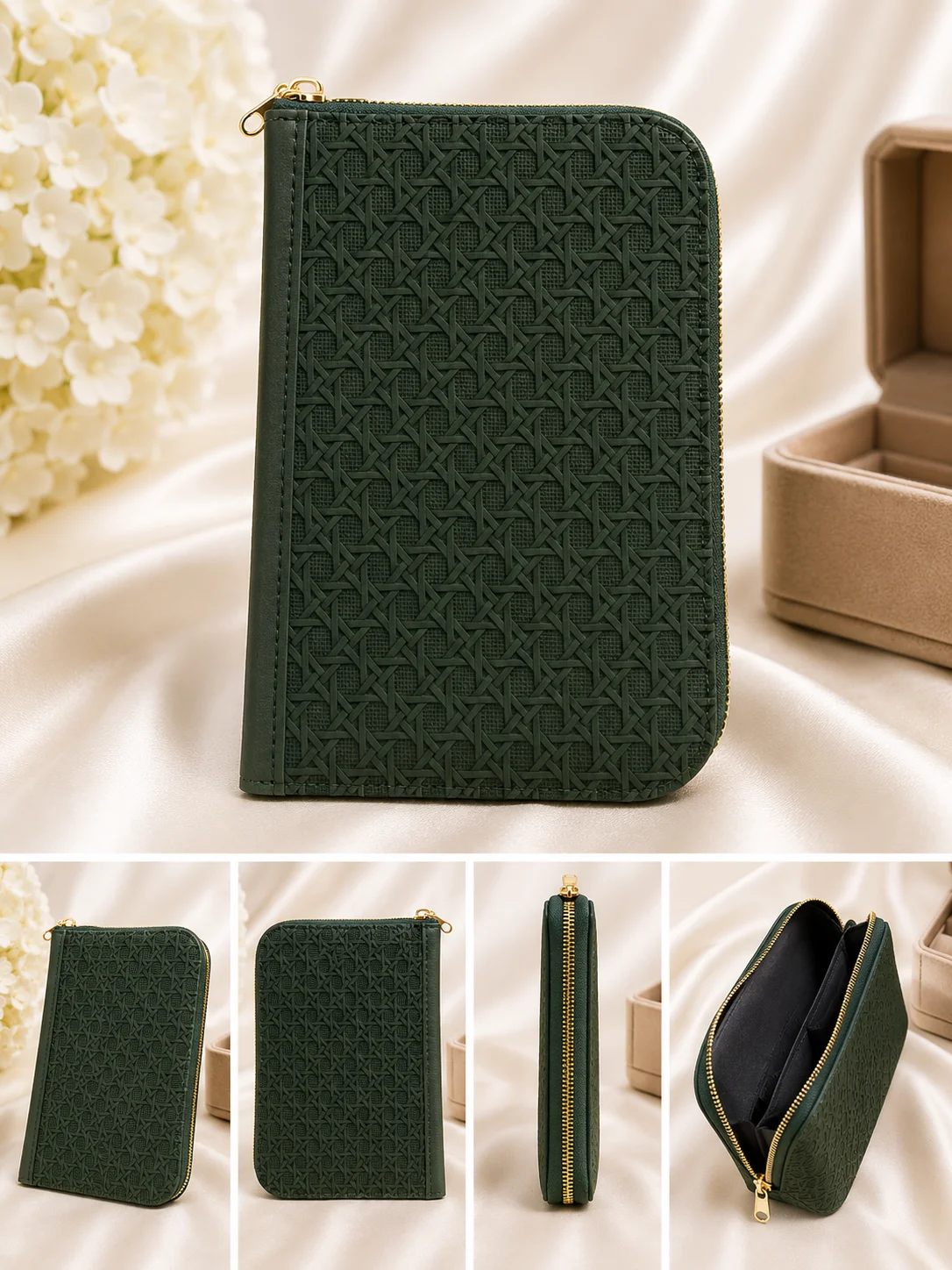 Elegant Green Textured Zip-Around Wallet