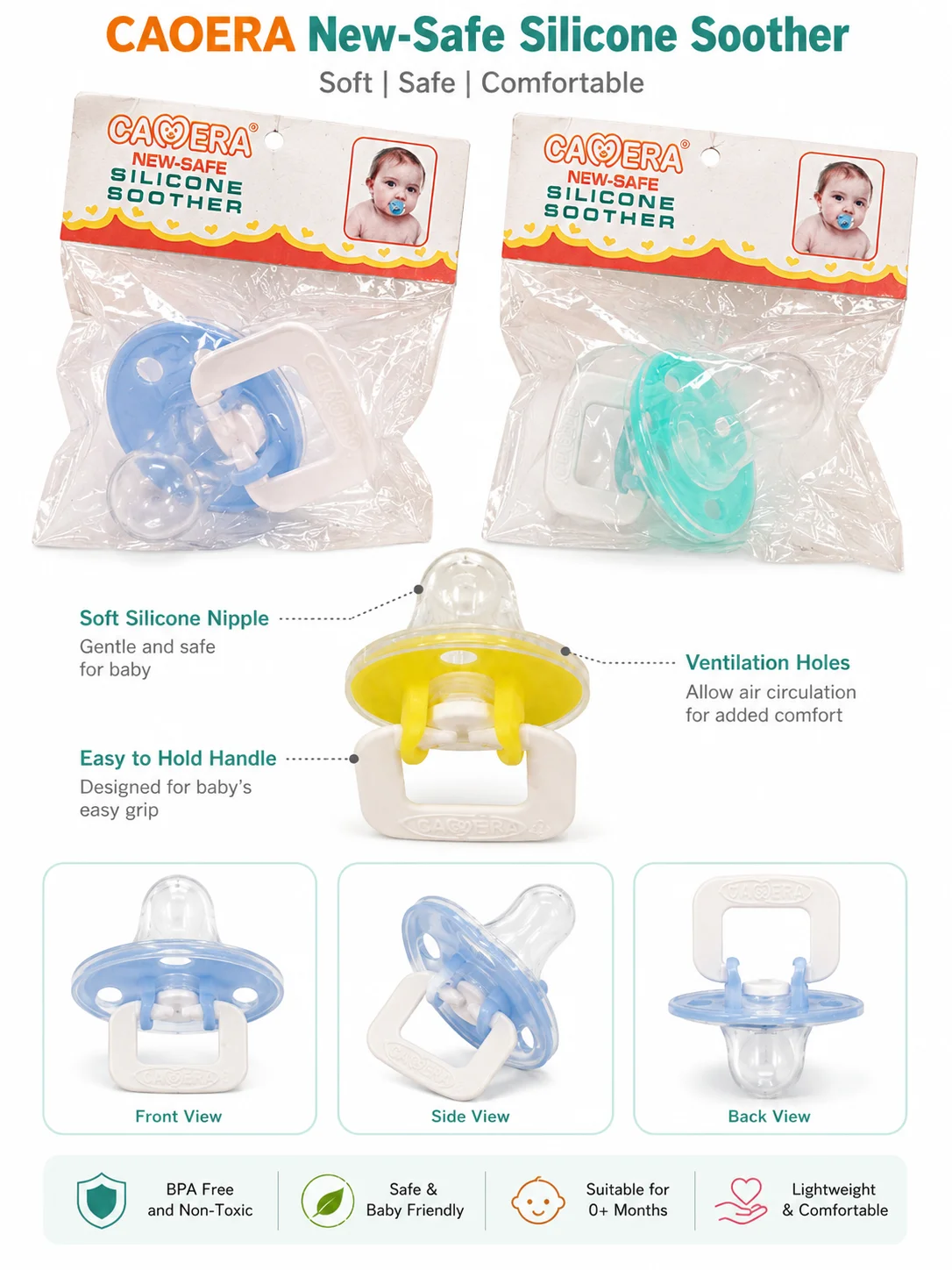 CAOERA New-Safe Silicone Baby Pacifier | Soft Silicone Soother | BPA-Free | 0M+