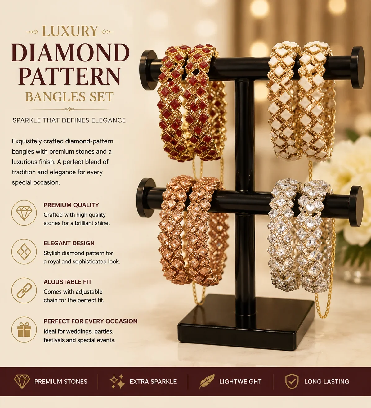 Luxury Diamond Pattern Bangles Set – Premium Adjustable BANGLES Collection