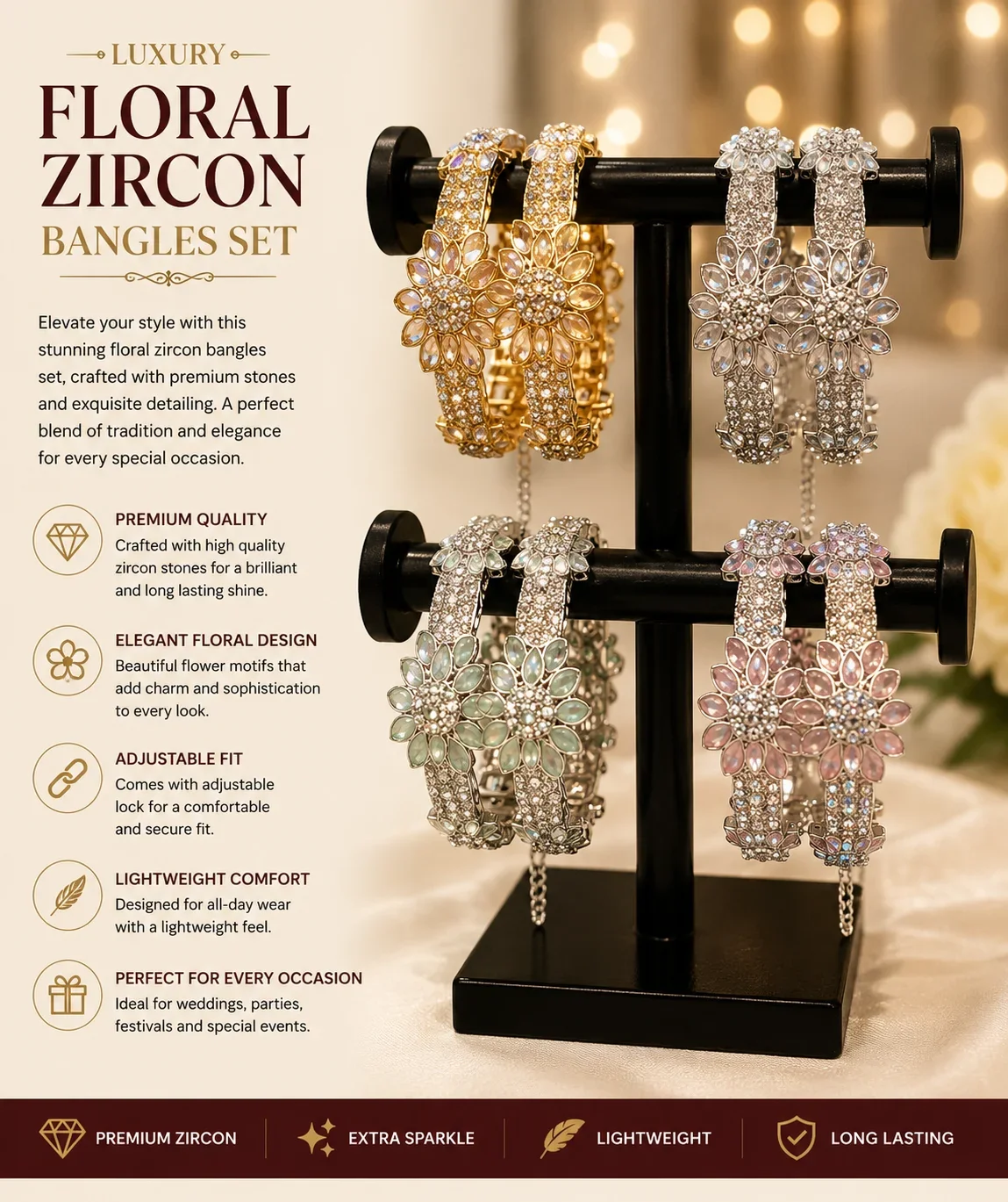 Luxury Floral Zircon Bangles Set – Premium Adjustable Bracelet Collection