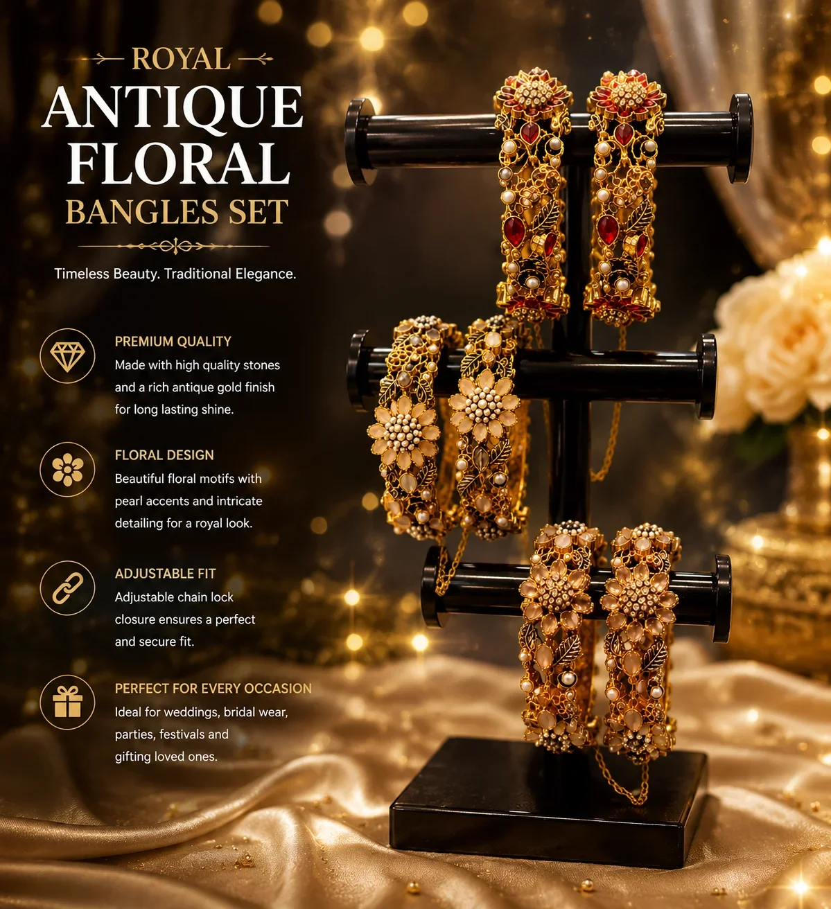 Royal Antique Floral Bangles Set – Luxury Adjustable Bracelet Collection