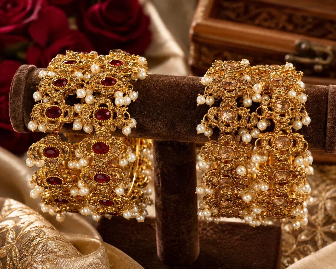 Luxury Antique Gold Pearl Bridal Bangles Set