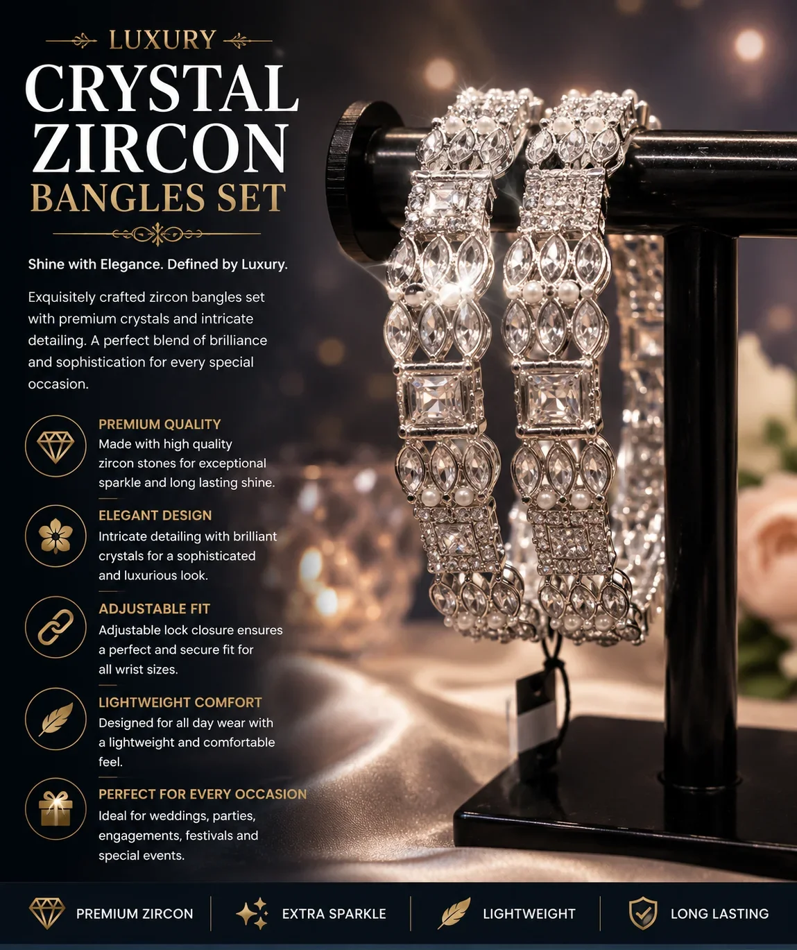 Luxury Crystal Zircon Bangles Set – Premium Silver Adjustable BANGLES