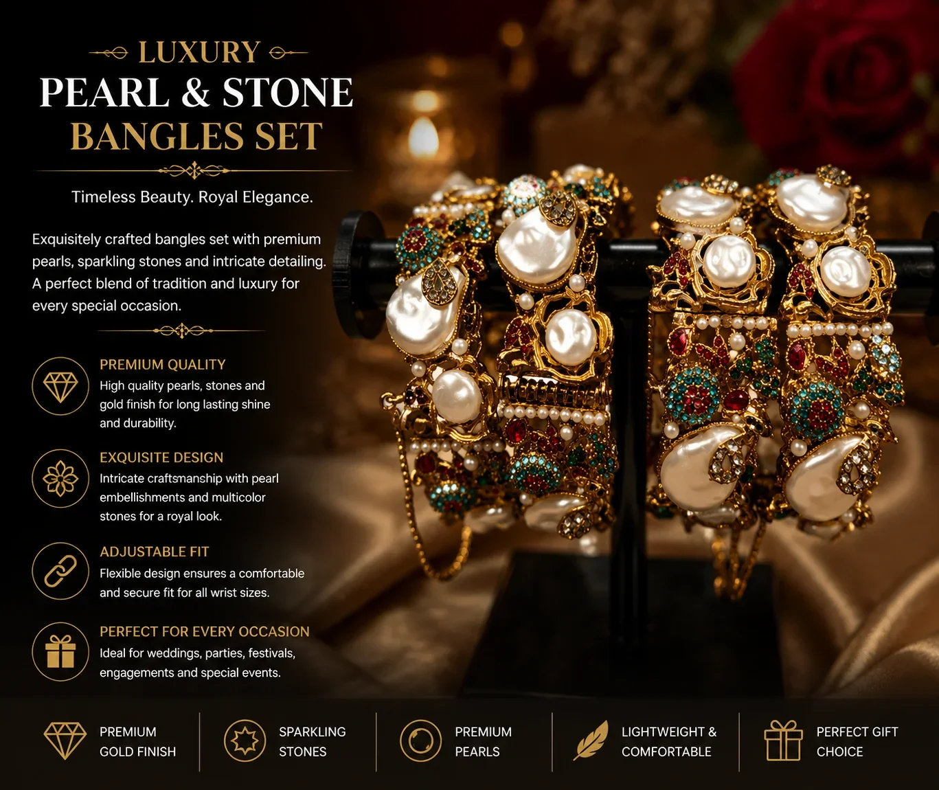 Royal Pearl & Multicolor Stone Bangles Set