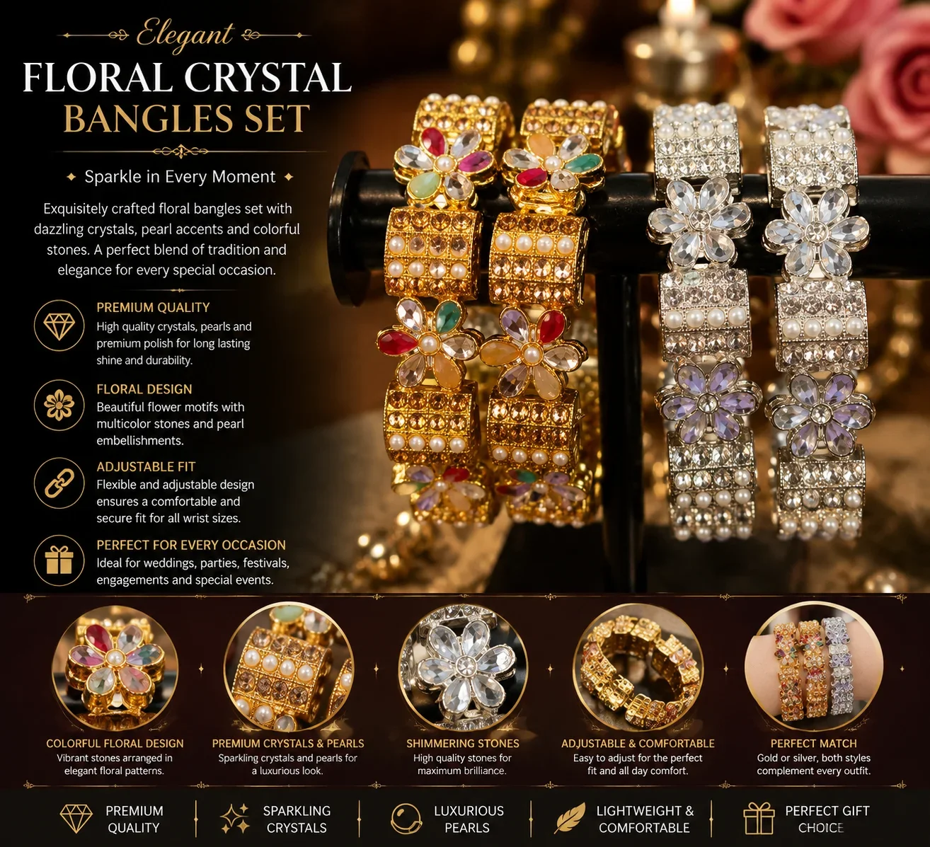 Elegant Floral Crystal Bangles Set – Premium Multicolor & Silver