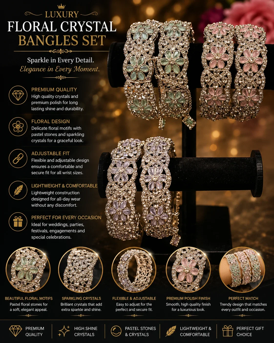 Luxury Floral Crystal Bangles Set – Premium Silver Finish