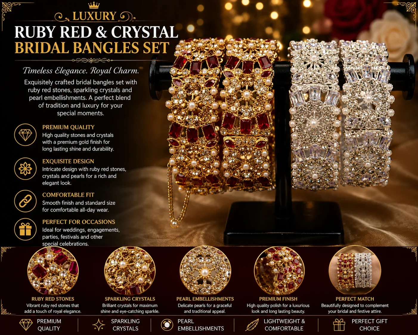 Luxury Ruby Red & Crystal Bridal Bangles Set – Premium Designer Collection