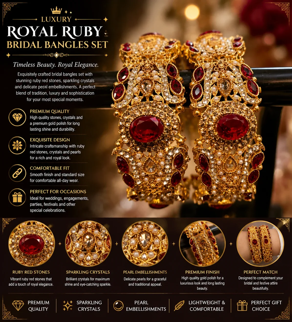 Royal Ruby Crystal Bridal Bangles – Luxury Designer Set