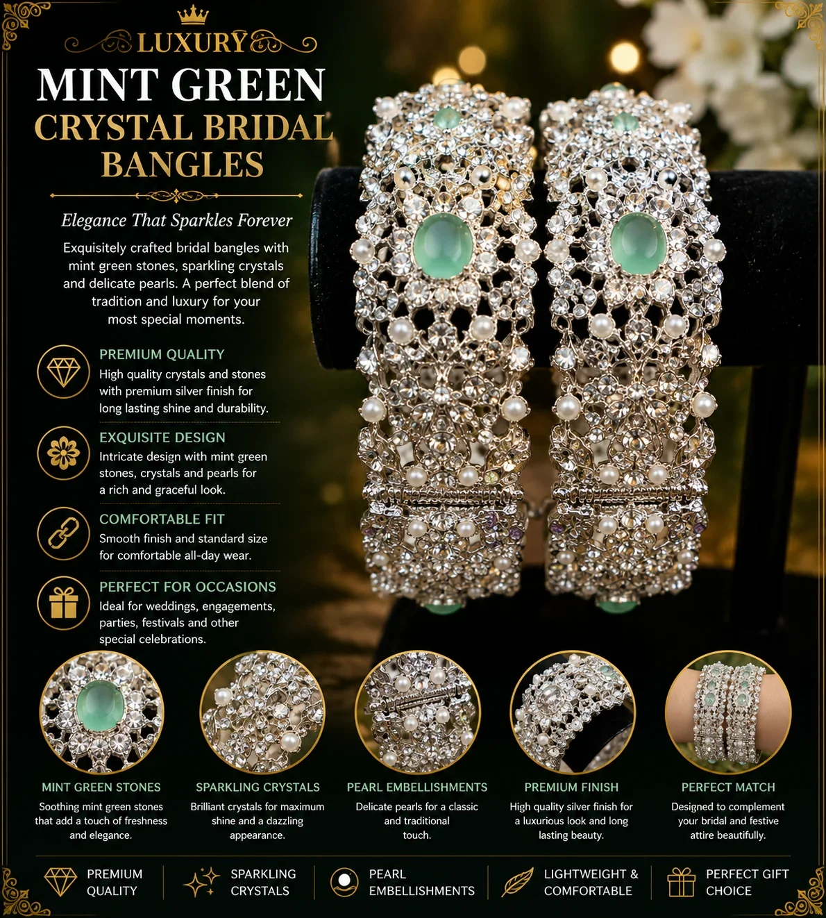Luxury Mint Green Crystal Bridal Bangles – Premium Silver Collection