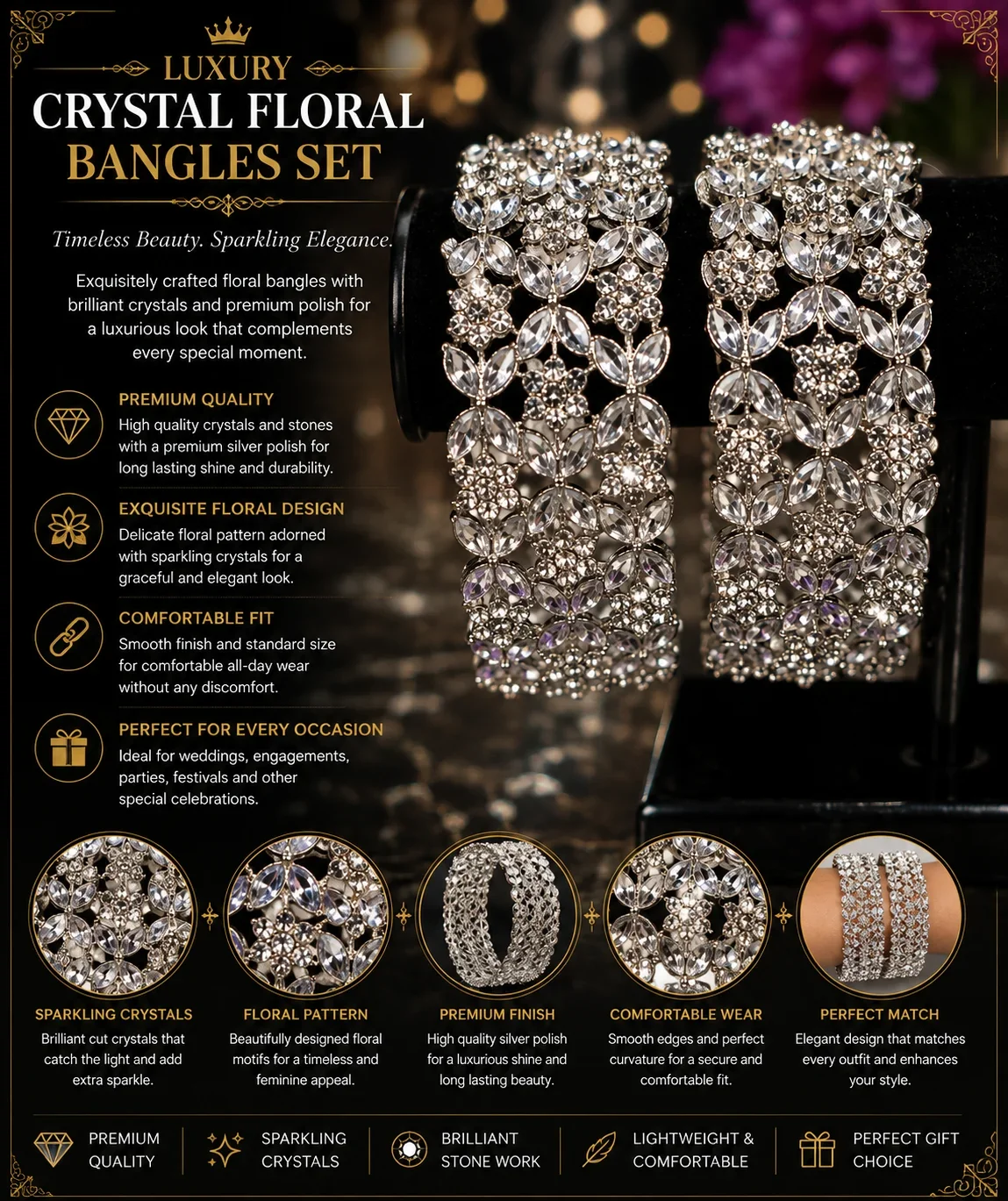 Luxury Crystal Floral Bangles Set – Premium Silver Elegance