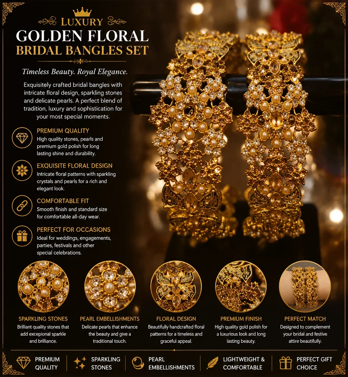 Luxury Pearl & Crystal Floral Bridal Bangles – Gold Finish
