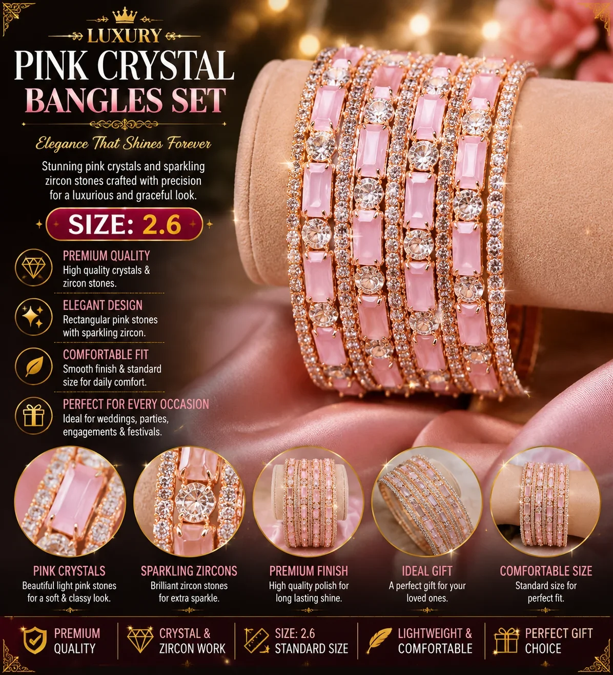 Luxury Pink Crystal Bangles Set – 2.6 Size