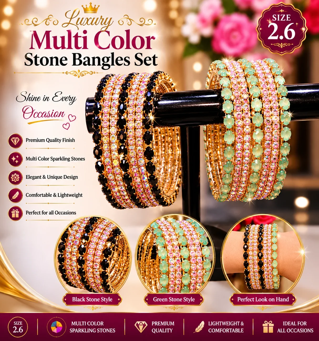 Premium Crystal Stone Bangles Set – Black & Mint Green | Size 2.6