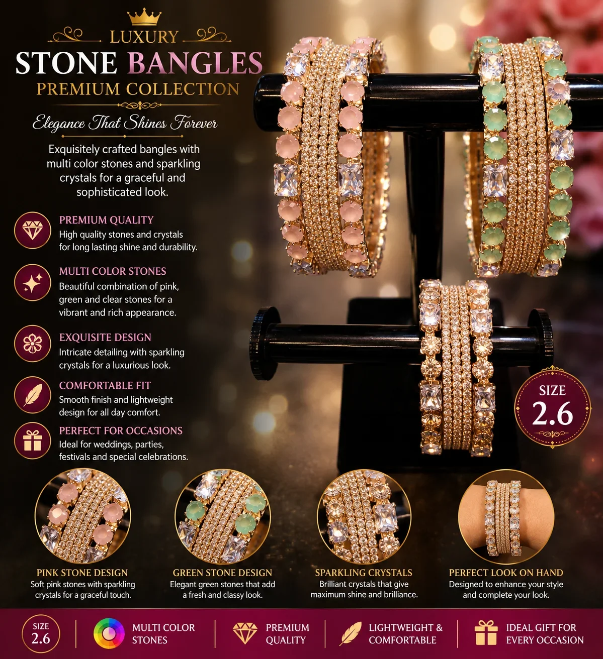 Luxury Multi-Color Stone Bangles Set – Size 2.6