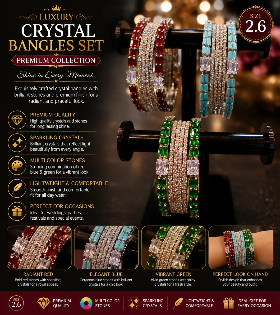 Luxury Multi-Color Crystal Bangles Set – Premium Zircon Collection (Size 2.6)