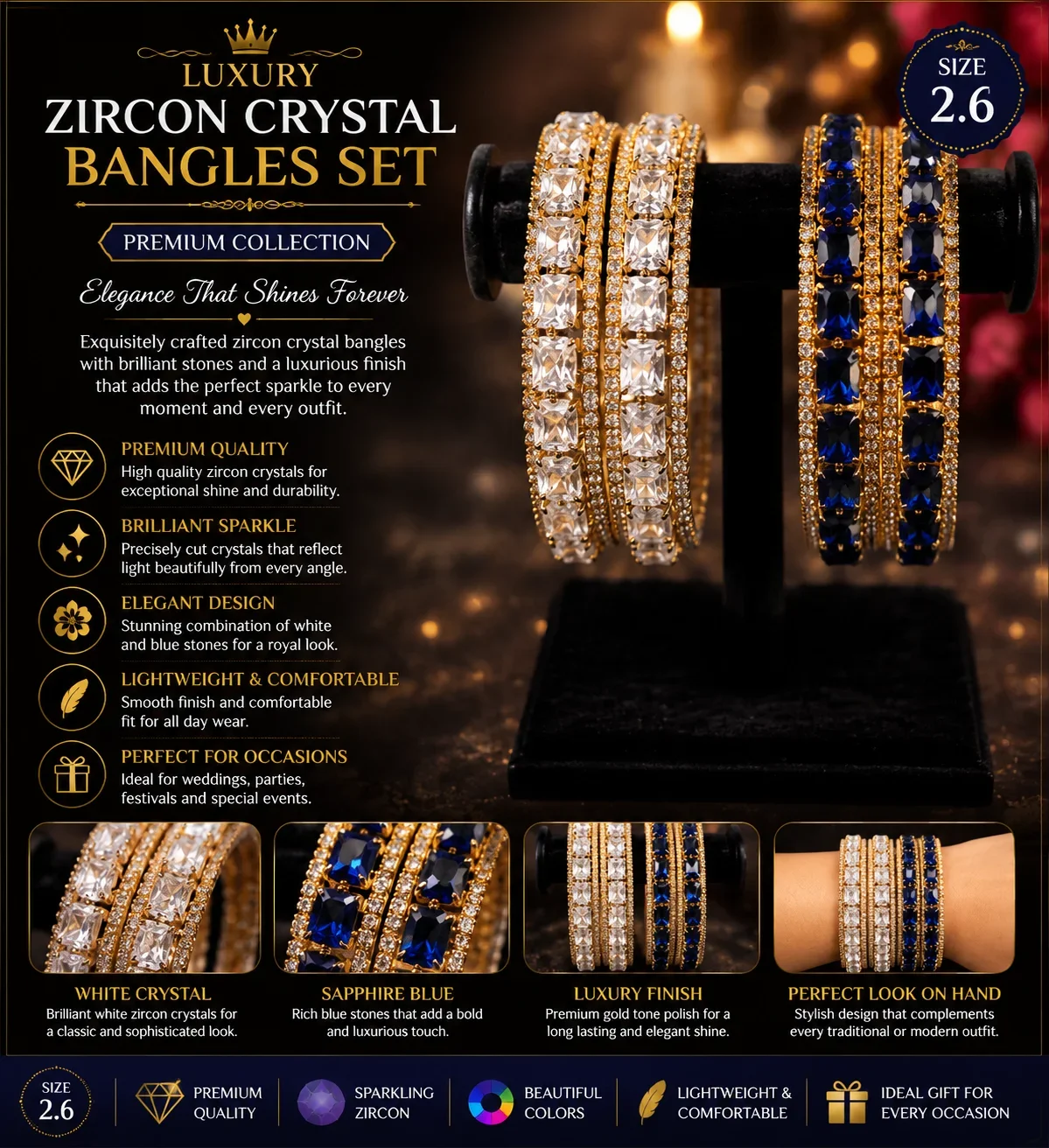 Luxury Zircon Crystal Bangles Set – White & Sapphire Blue Collection (Size 2.6)