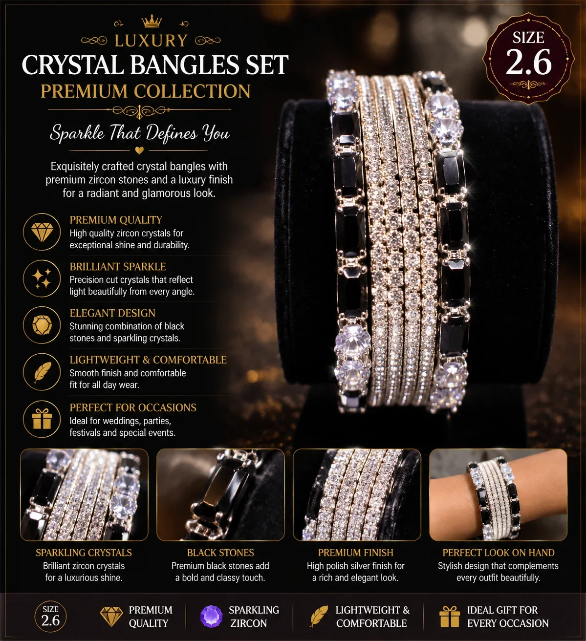 Luxury Black Crystal Zircon Bangles Set – Size 2.6