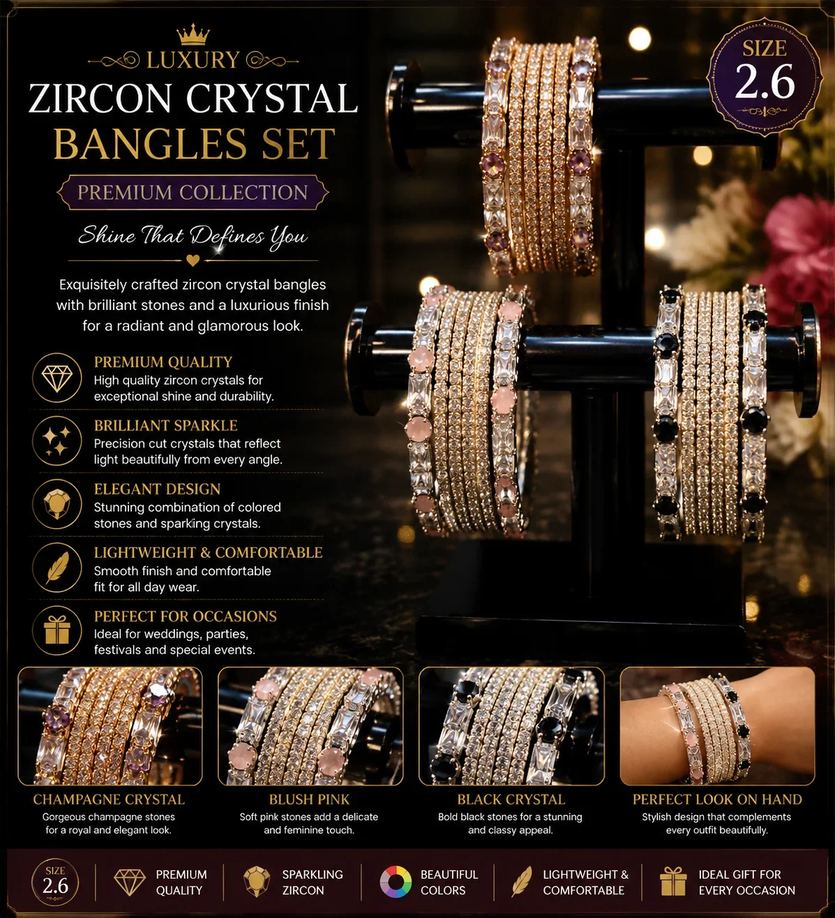 Luxury Zircon Crystal Bangles Set – Premium Party Wear Collection (Size 2.6)