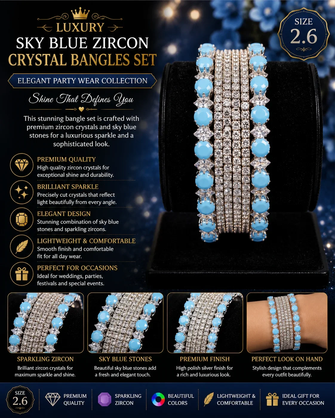 Sky Blue Zircon Crystal Bangles Set – Elegant Party Wear Collection (Size 2.6)