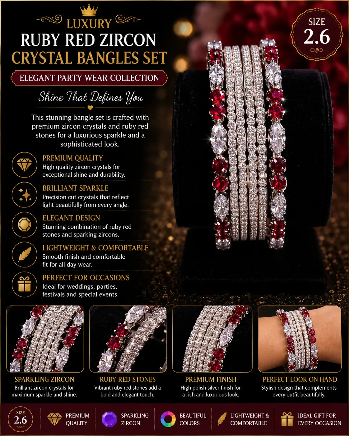 Ruby Red Zircon Crystal Bangles Set – Luxury Party Wear Collection (Size 2.6)
