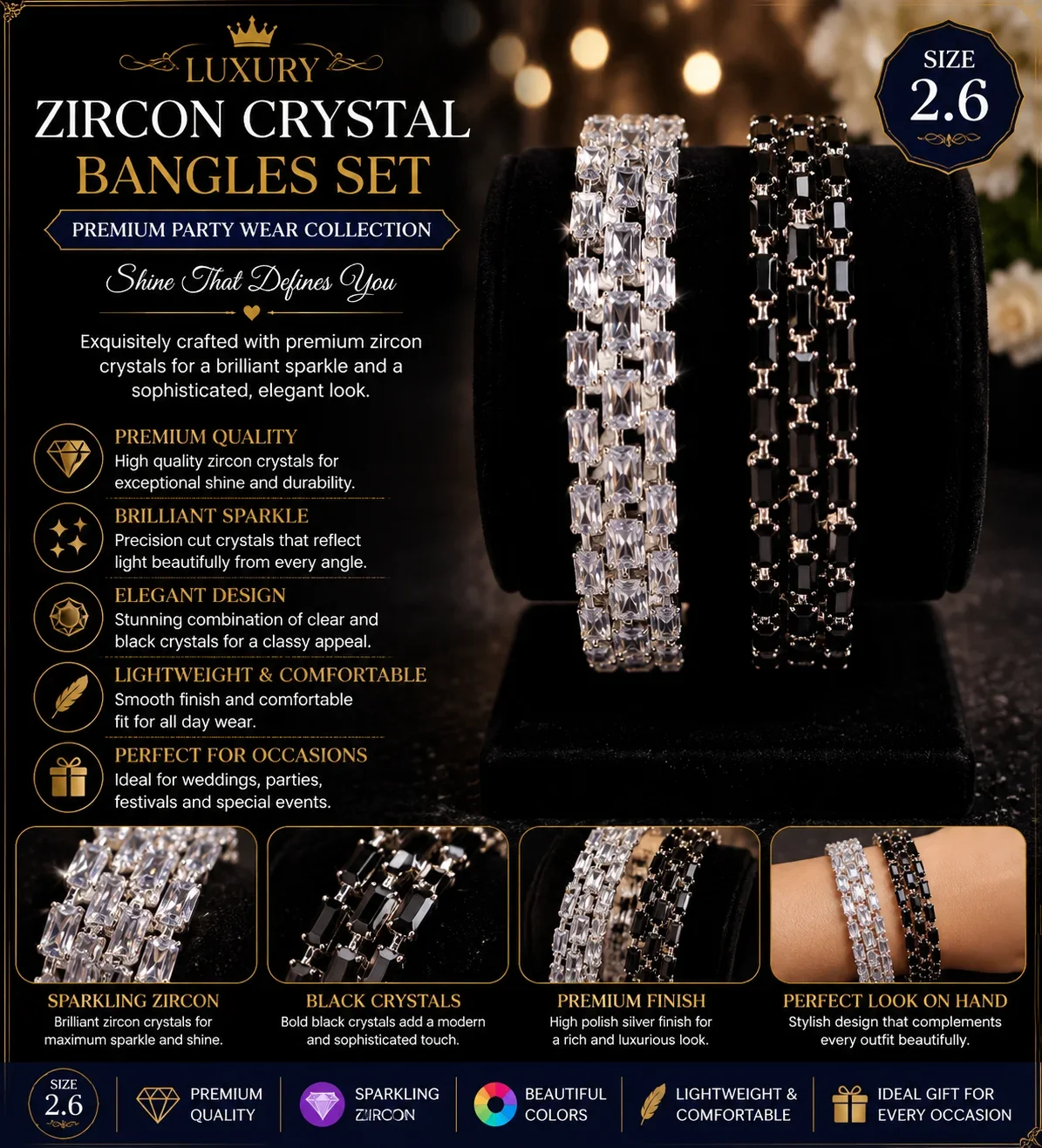 Elegant Crystal & Black Stone Bangles Set – Size 2.6