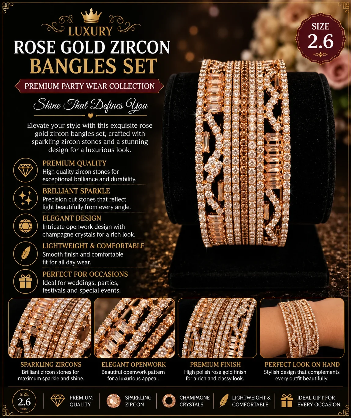 Luxury Rose Gold Zircon Bangles Set – Premium Party Wear | Size 2.6