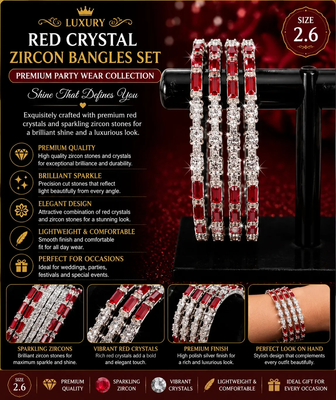 Elegant Red Crystal & Zircon Bangles Set – Bridal Party Wear | Size 2.6