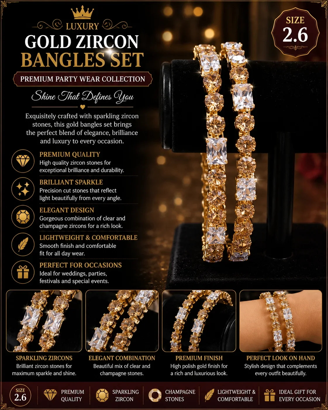 Luxury Gold Plated Crystal Bangles Set – Premium Party Wear Bracelet Pair