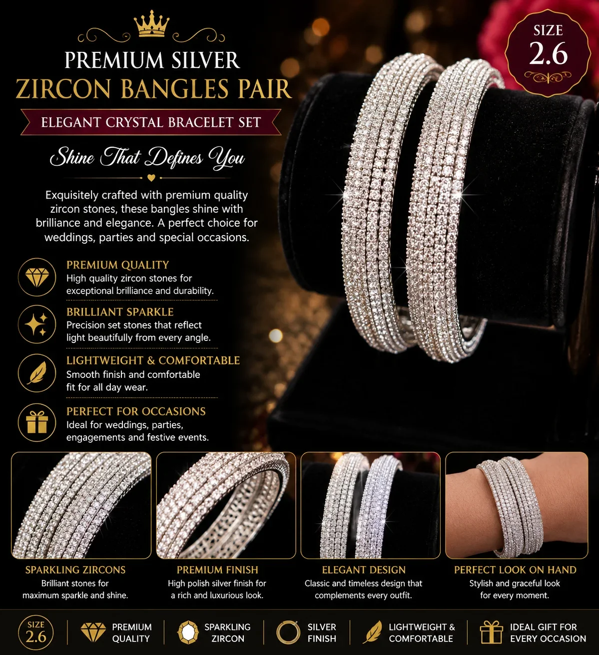 Premium Silver Zircon Bangles Pair – Elegant Crystal Bracelet Set (Size 2.6)