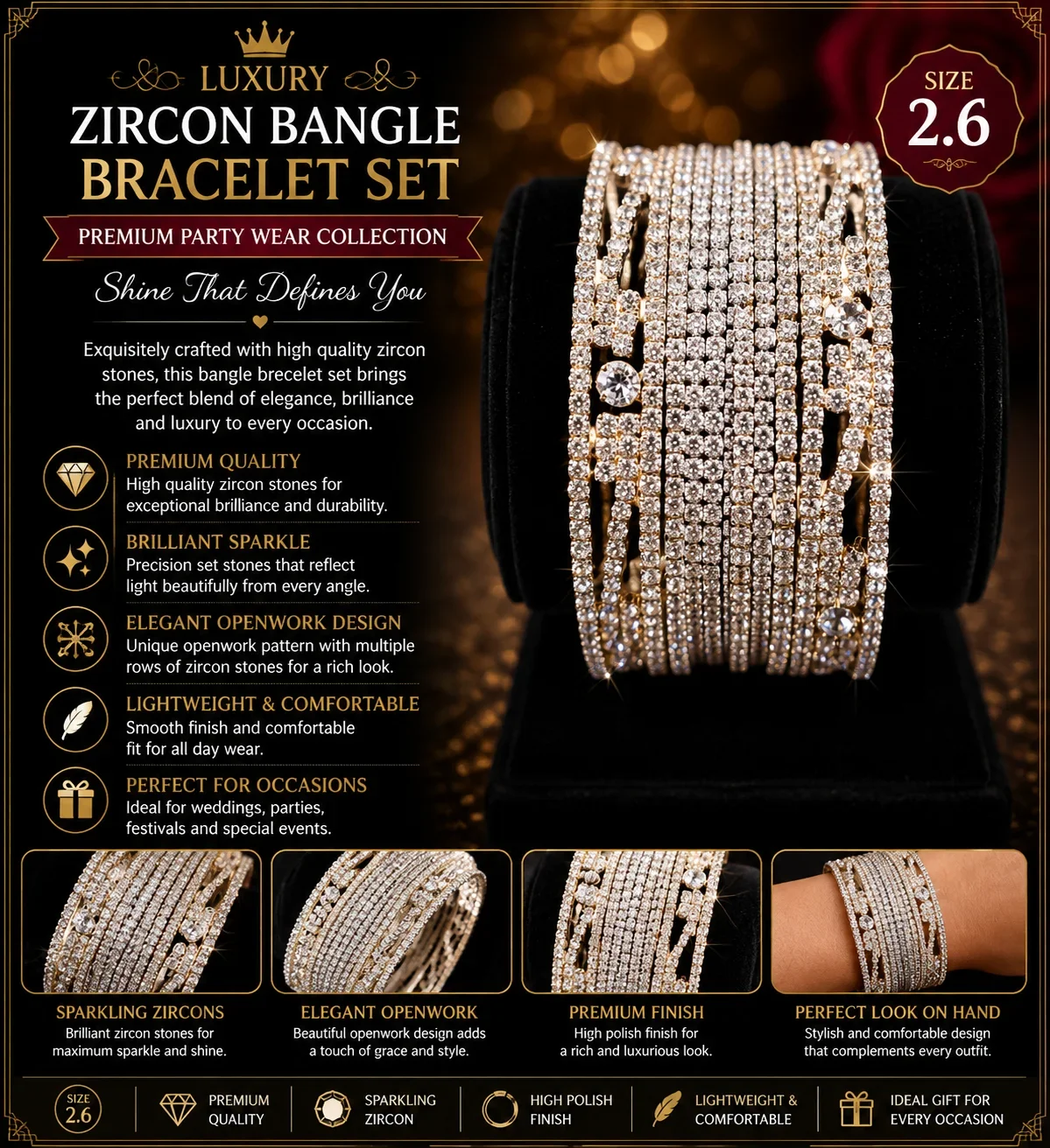 Luxury Silver Zircon Openwork Bangles Set – Premium Bridal & Party Wear (Size 2.6)