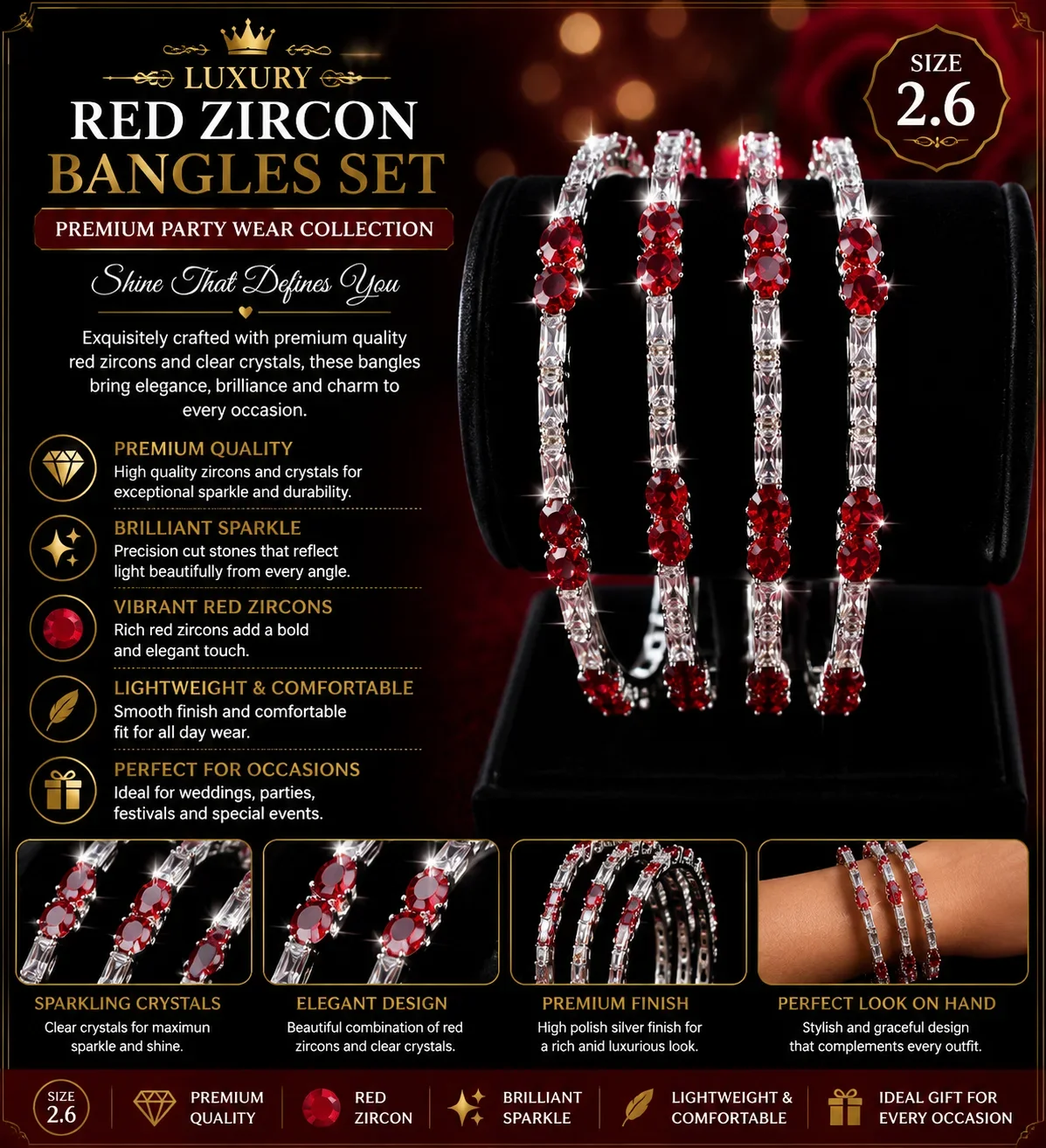Luxury Red Zircon Crystal Bangles Set – Premium Party Wear