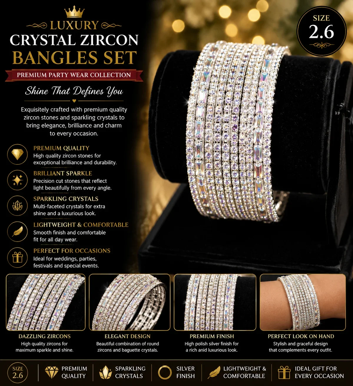 Luxury Crystal Zircon Bangles Set – Silver Shine Party Wear Collection