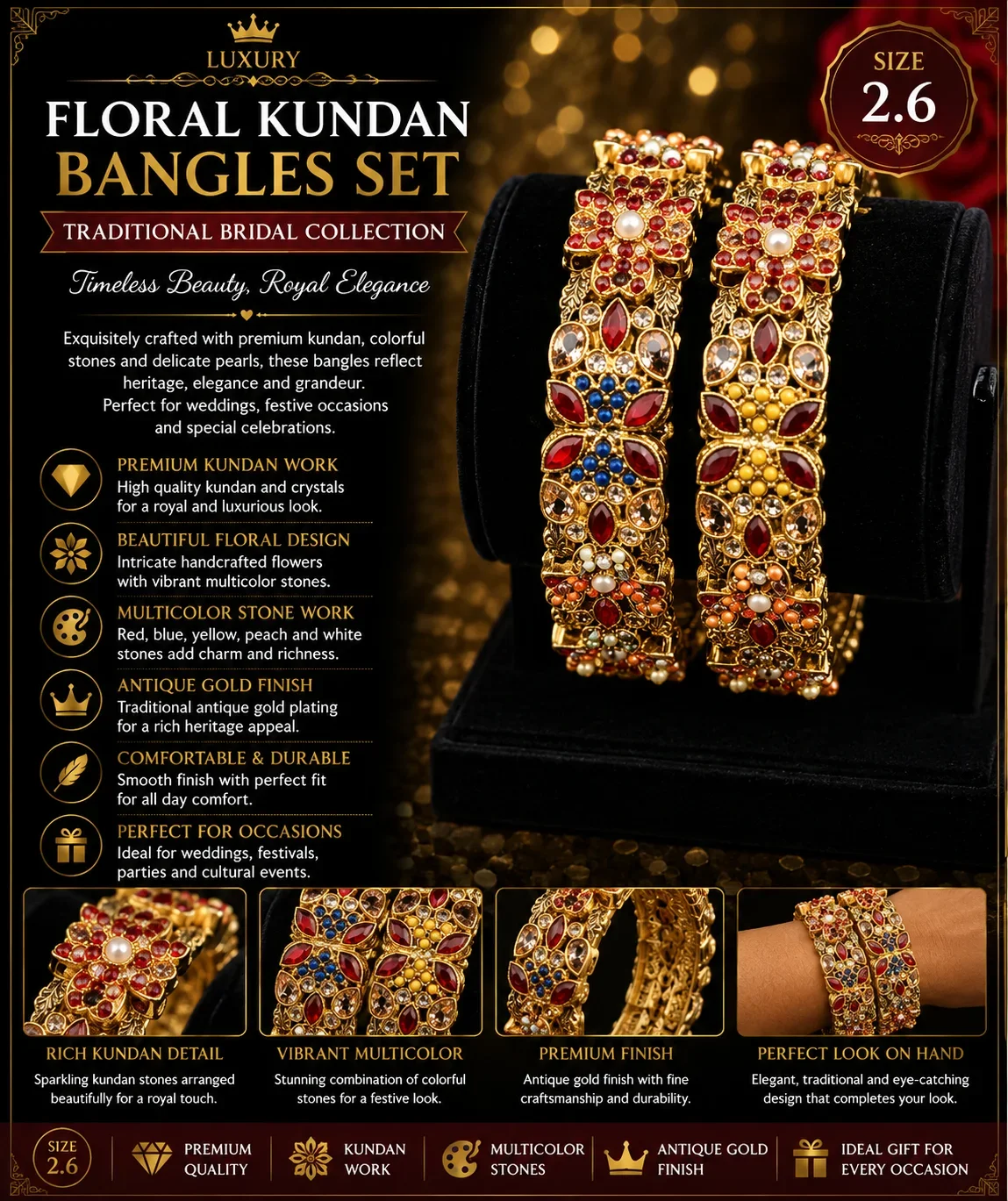 Luxury Floral Kundan Bangles Set – Multicolor Traditional Bridal Collection