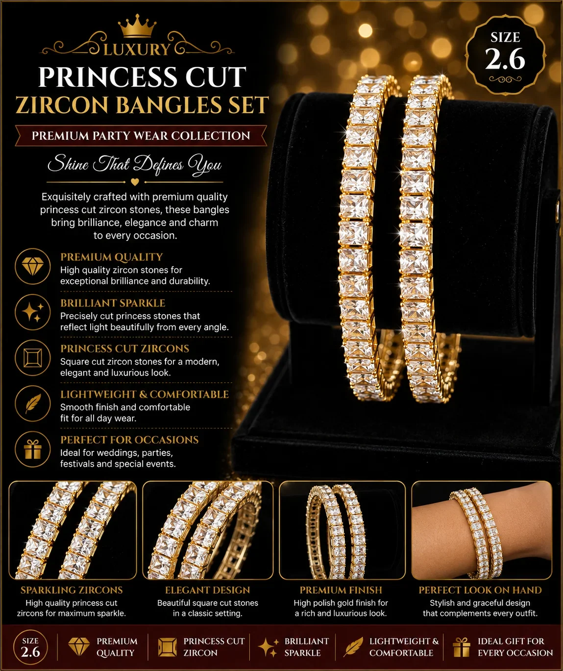 Luxury Princess Cut Zircon Bangles Set – Elegant Crystal Collection