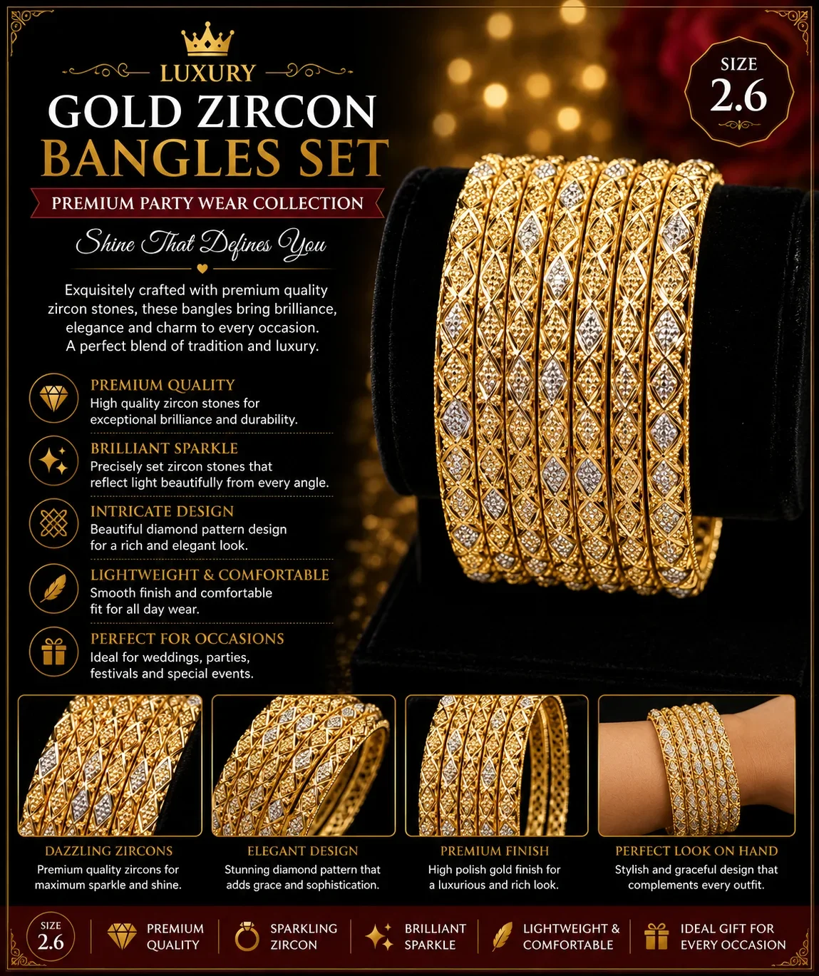 Luxury Gold Zircon Bangles Set | Size: 2.4/2.6/2.8 | 2PCS+4PCS+6PCS
