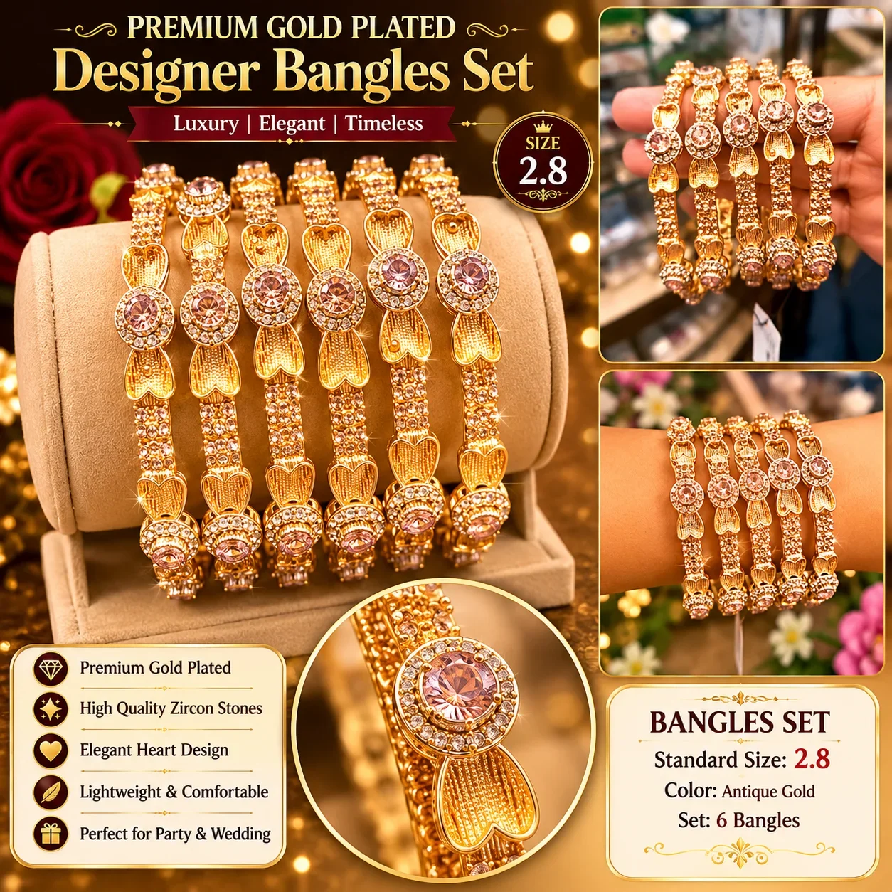 Premium Gold Plated Designer Bangles Set – Size 2.8