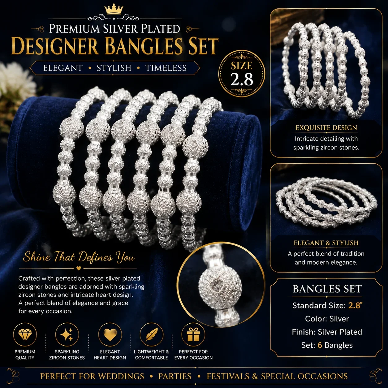 Luxury Silver Plated Zircon Bangle Set – Elegant Designer Bangles for Women