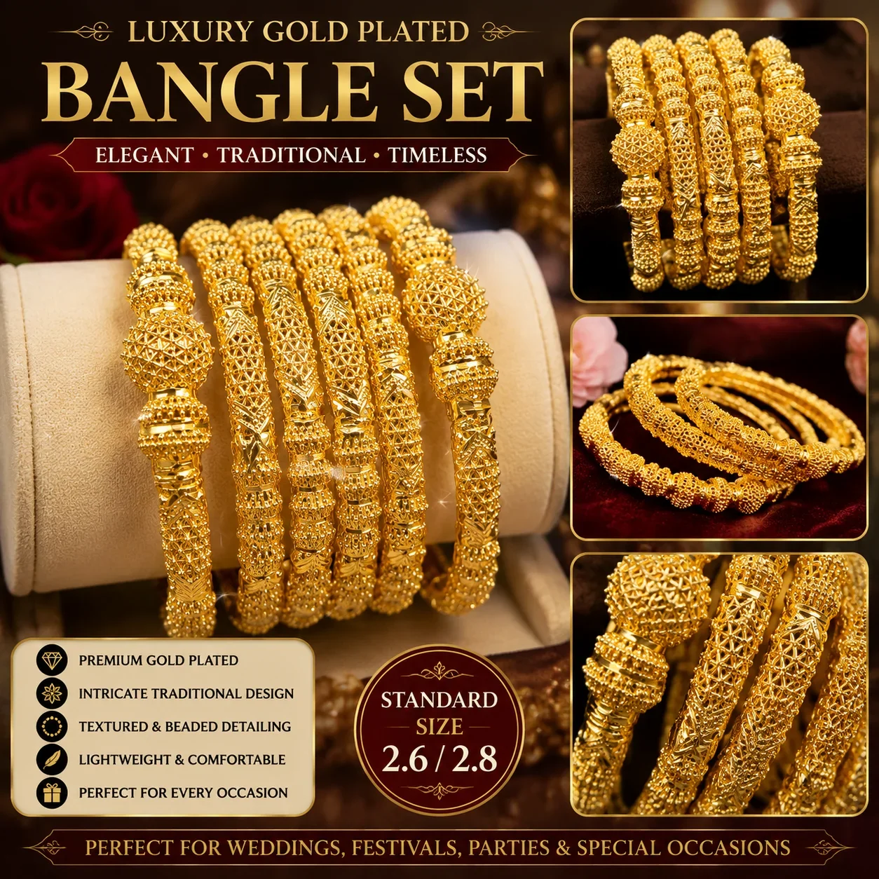 Luxury Gold Plated Traditional Bangle Set – Elegant Designer Bangles for Women Size 2.10 | 2PICS |