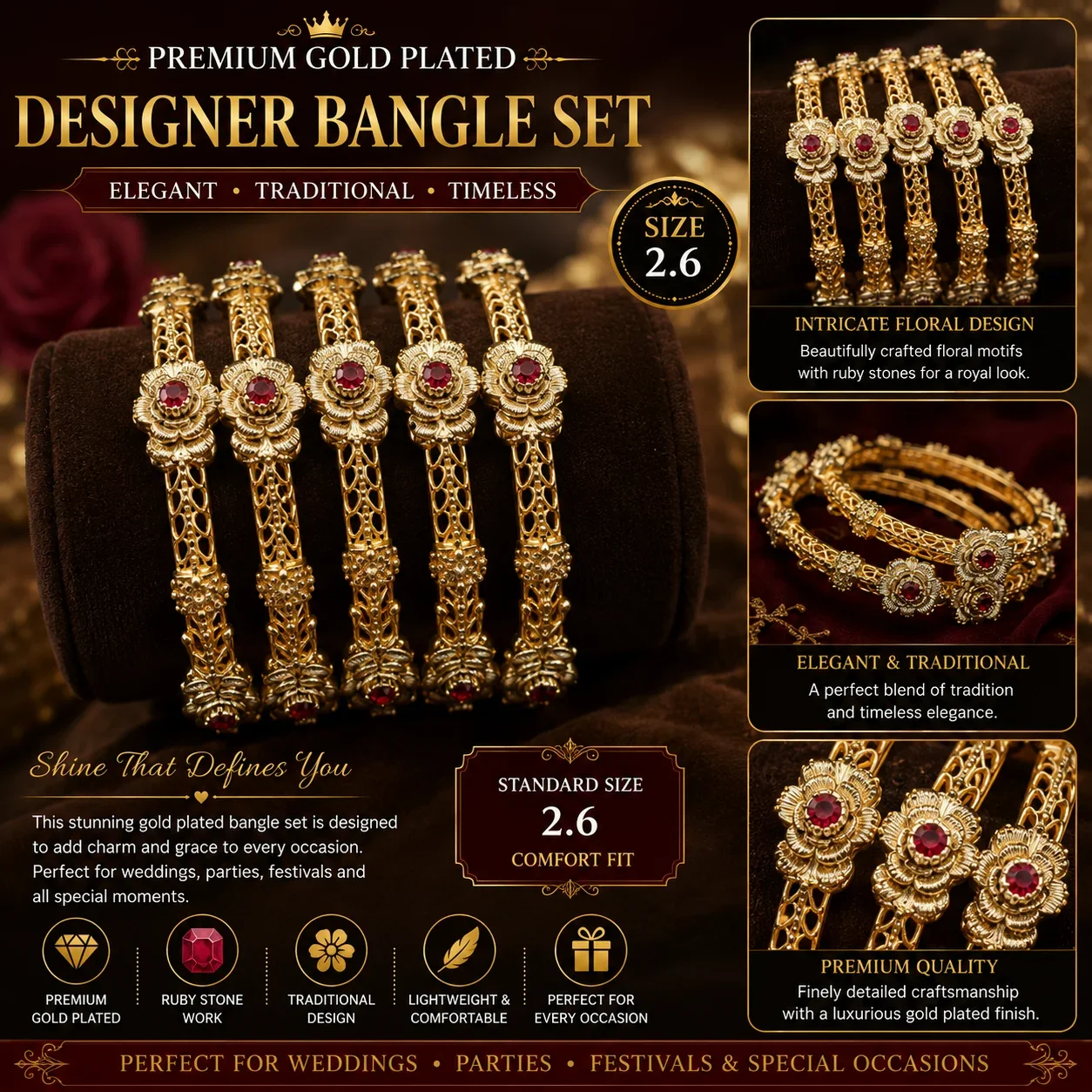Premium Gold Plated Floral Ruby Bangle Set – Designer Traditional Bangles for Women (Size 2.6) 2PCS