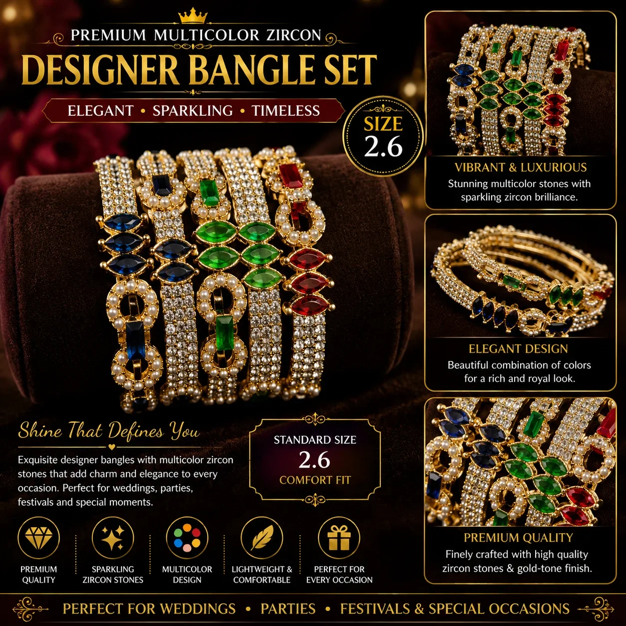 Premium Multicolor Zircon Designer Bangle Set – Luxury Party Wear Bangles (Size 2.6) 2PCS