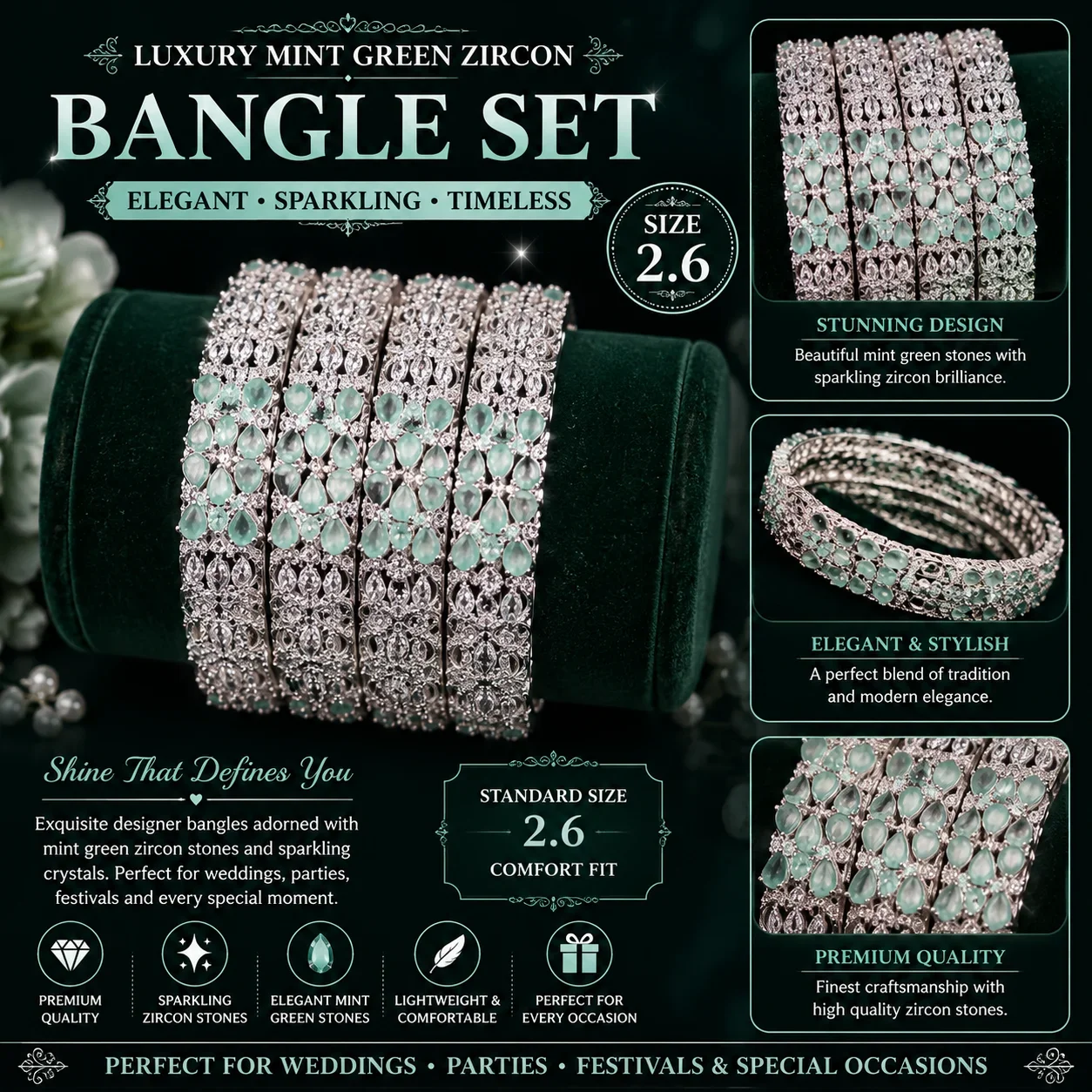Luxury Mint Green Zircon Bangle Set – Premium Silver Plated Designer Bangles for Women