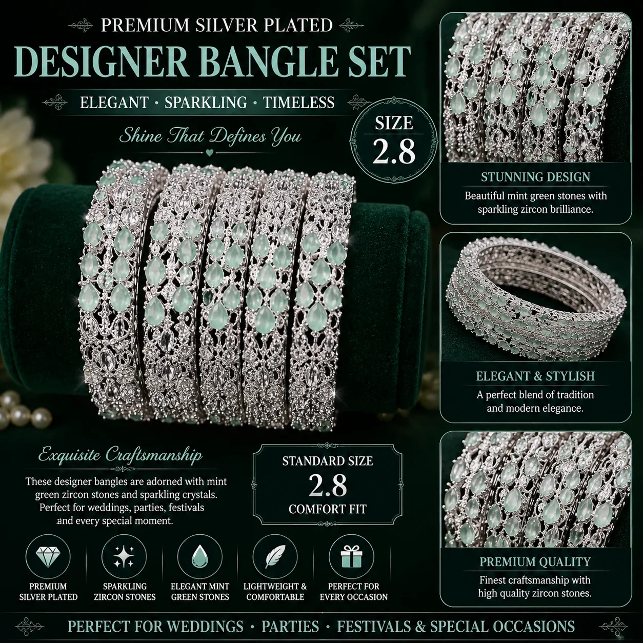 Mint Green Zircon Designer Bangle Set – Silver Plated | Size 2.8