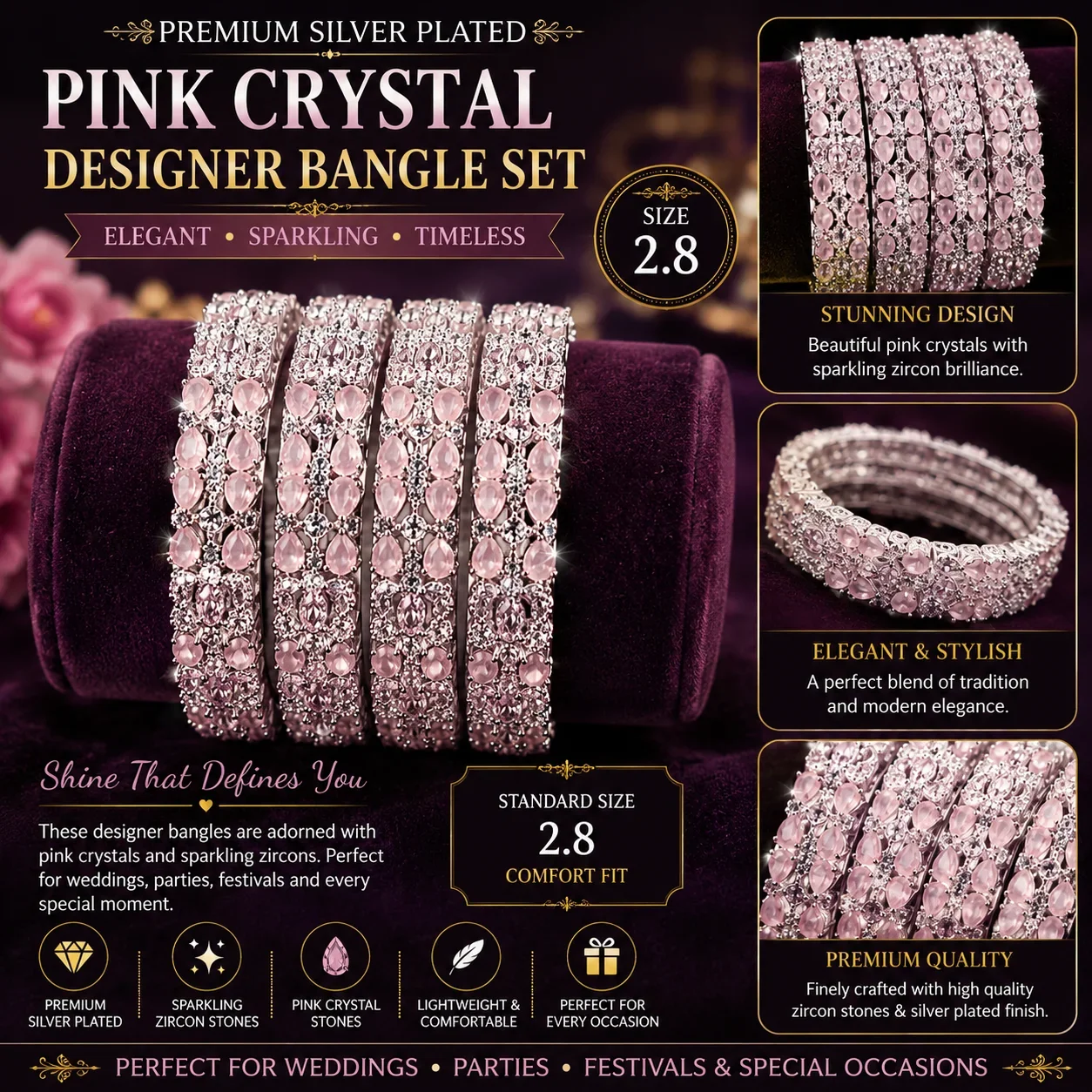 Pink Crystal Designer Bangle Set – Silver Plated | Size 2.6 / 2.8