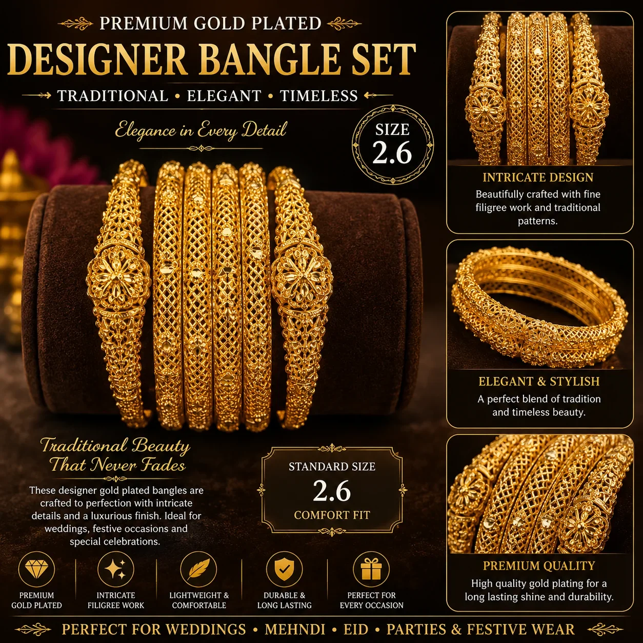 Traditional Gold Plated Designer Bangle Set – Size 2.6