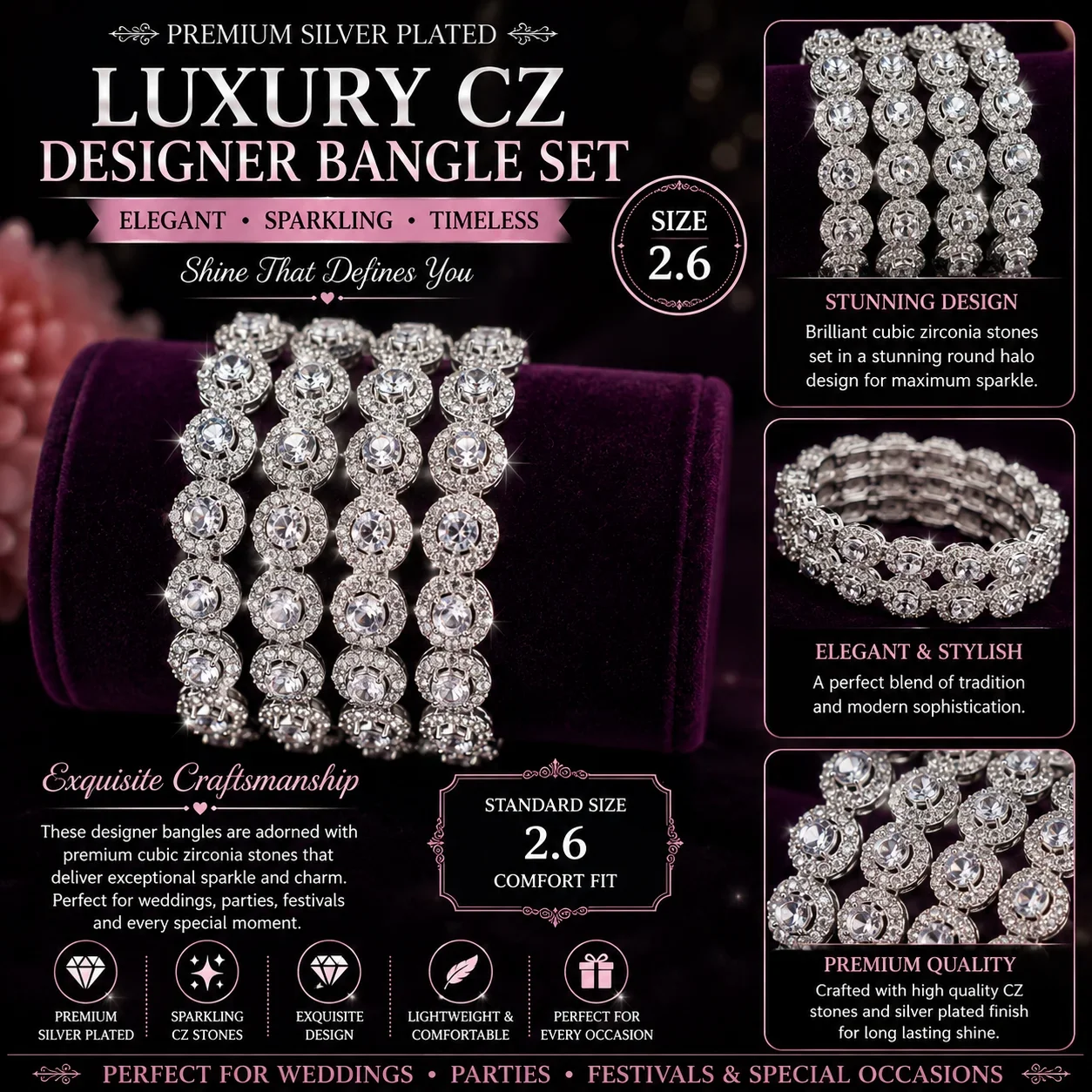 Luxury Silver CZ Designer Bangles Set – Size 2.6 / 2.8 2PCS